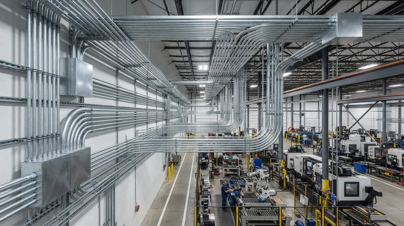 Galvanized steel conduit installation in an industrial factory showing conduit runs along walls and ceiling with junction boxes and fittings