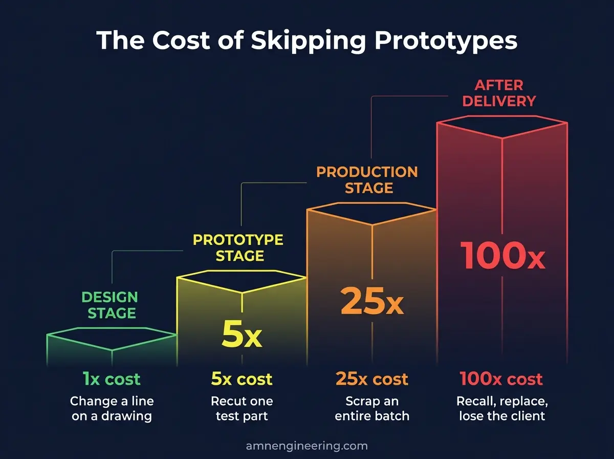 Chart showing the cost of fixing a manufacturing error rising roughly 10 times at each stage from design to prototype to production to after delivery