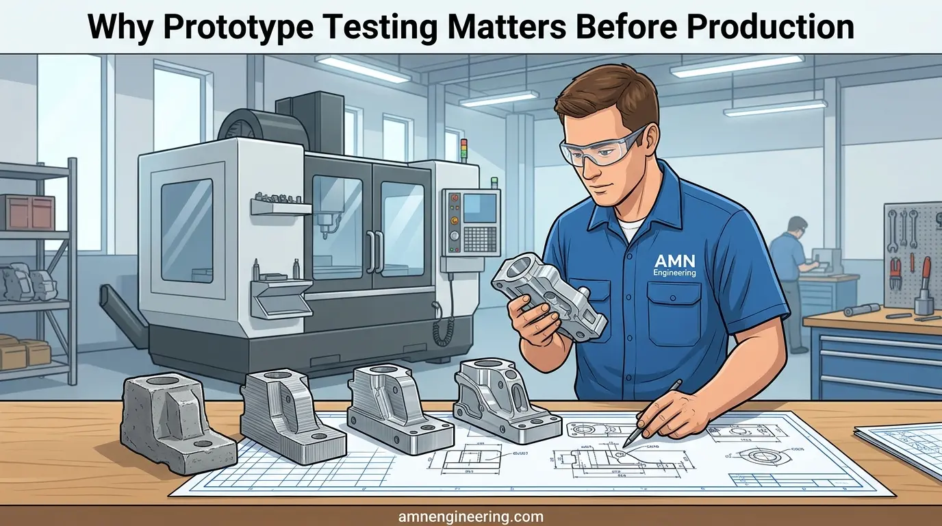 Engineer inspecting a CNC machined prototype part with calipers at AMN Engineering before full production