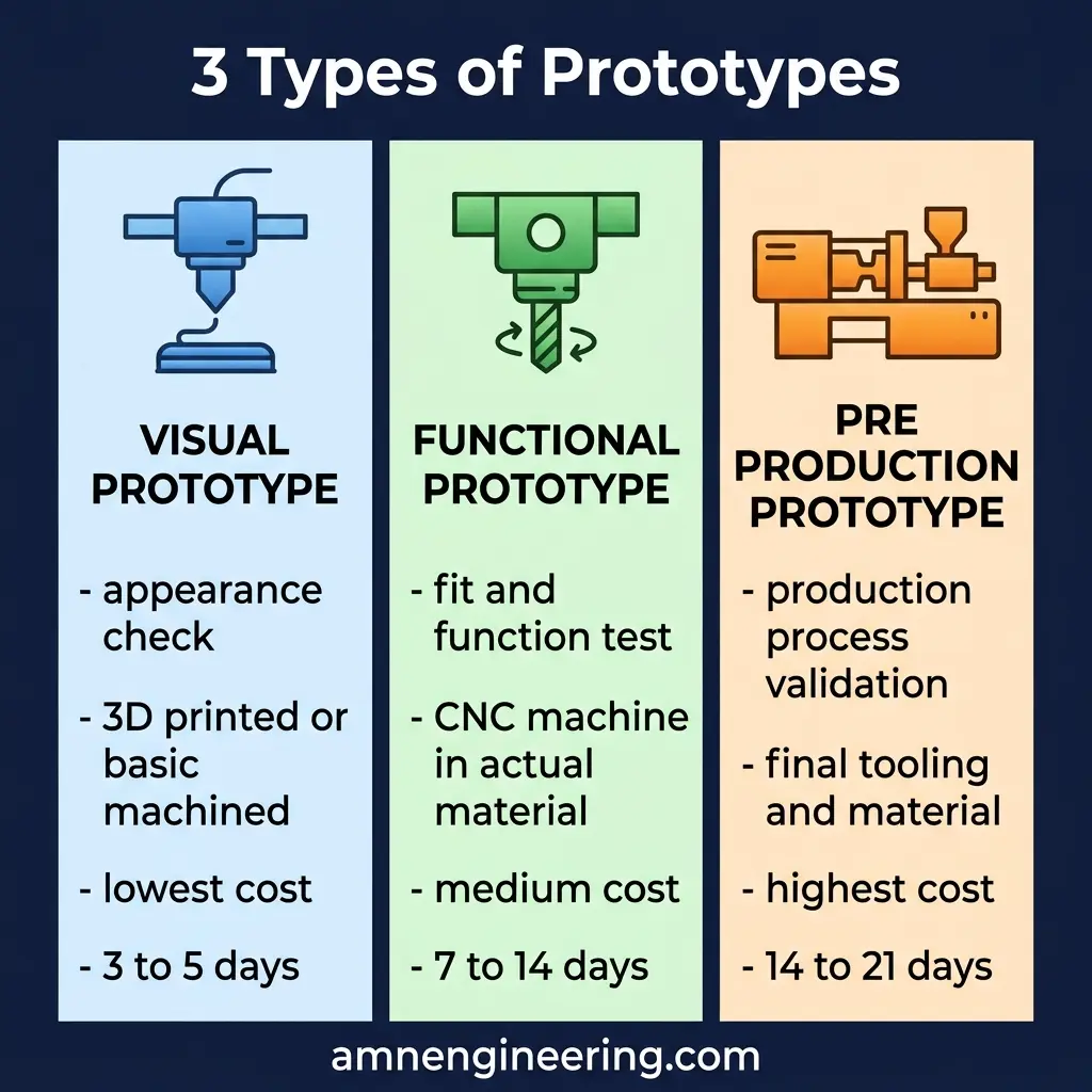 Comparison of three prototype types: visual prototype, functional prototype, and pre production prototype, with their materials, tolerances, and best use cases